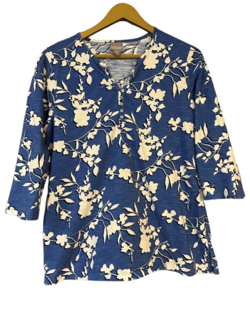 Chico’s Blue Floral Top L Button Front 3/4 Sleeve Boho Blouse
